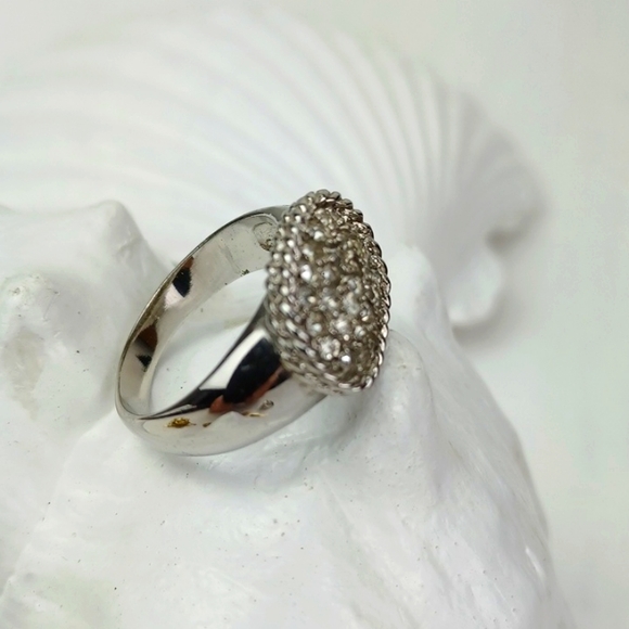 Silver Tone Rhinestone Paved Lux Look Sparkly Cocktail Ring SZ 9 - Picture 3 of 12